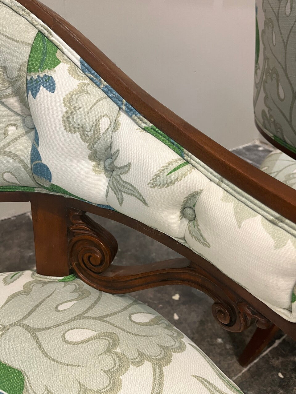 Pair of Gustavian Style Armchairs Newly Upholstered in Christopher Farr Fabric