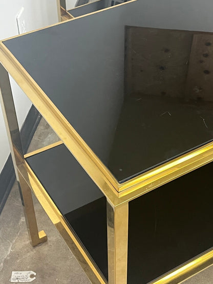 Pair Mid Century Modern Gilt Two -Tiered End Tables with Black Glass
