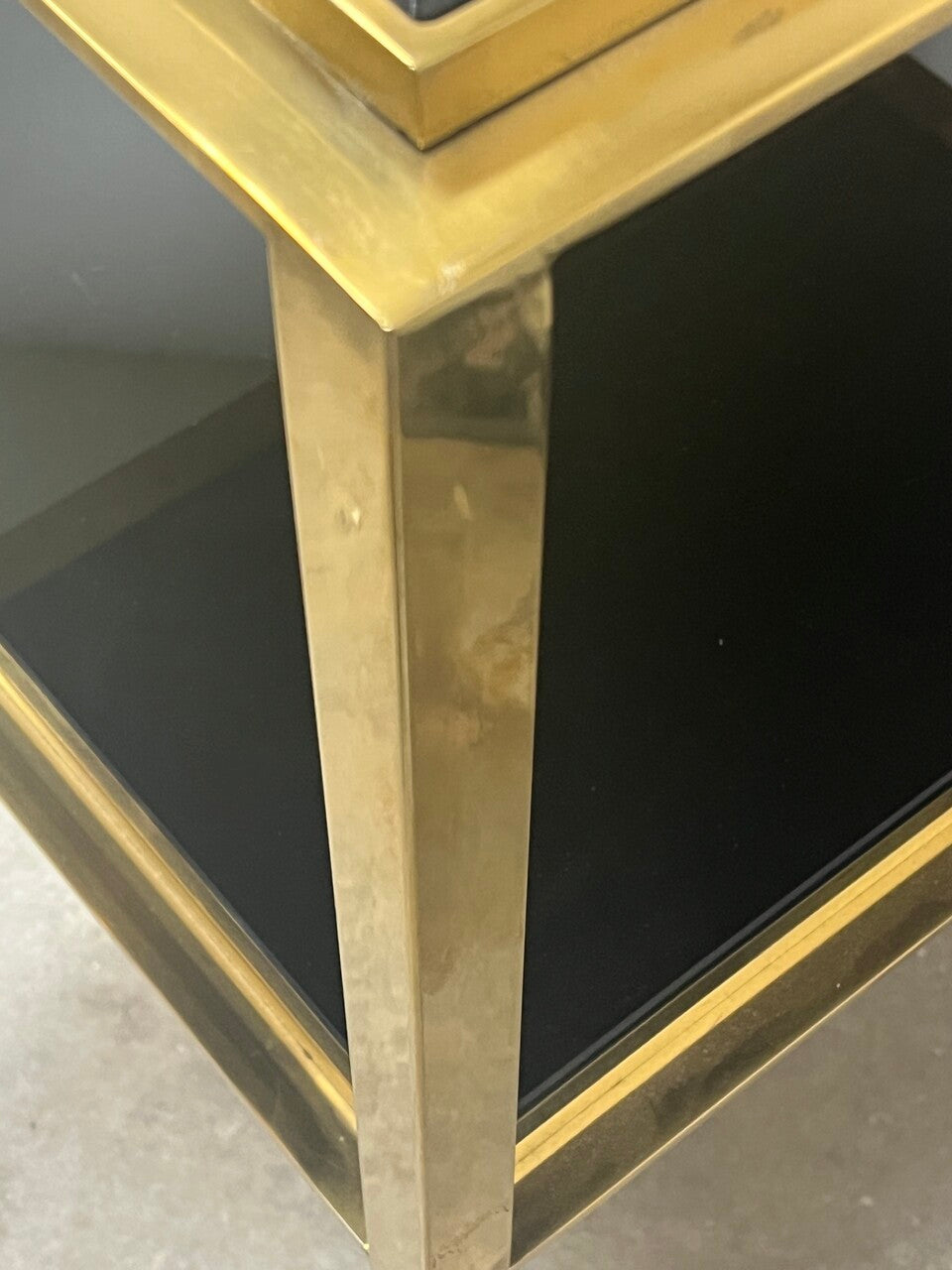 Pair Mid Century Modern Gilt Two -Tiered End Tables with Black Glass