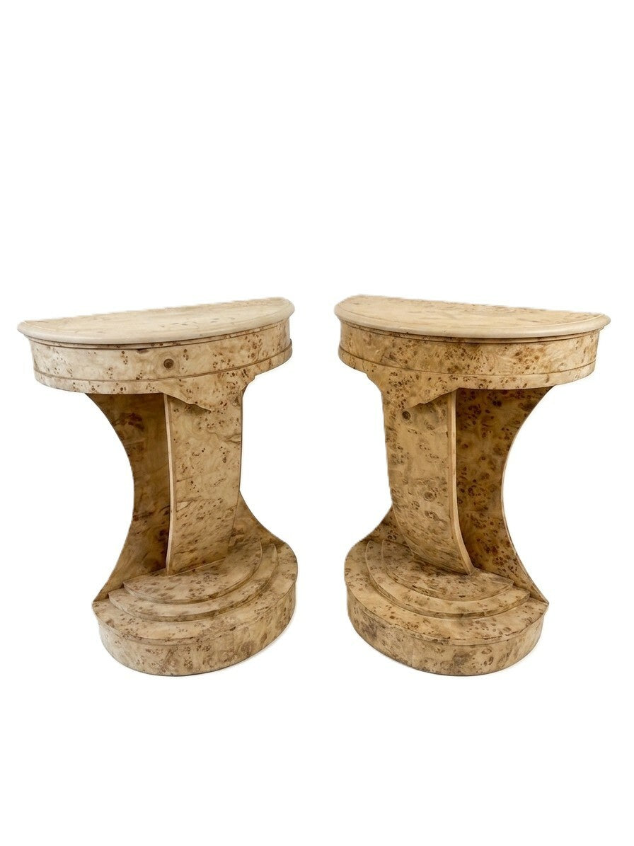 Pair Bleached Burl Demilunes Art Deco Style