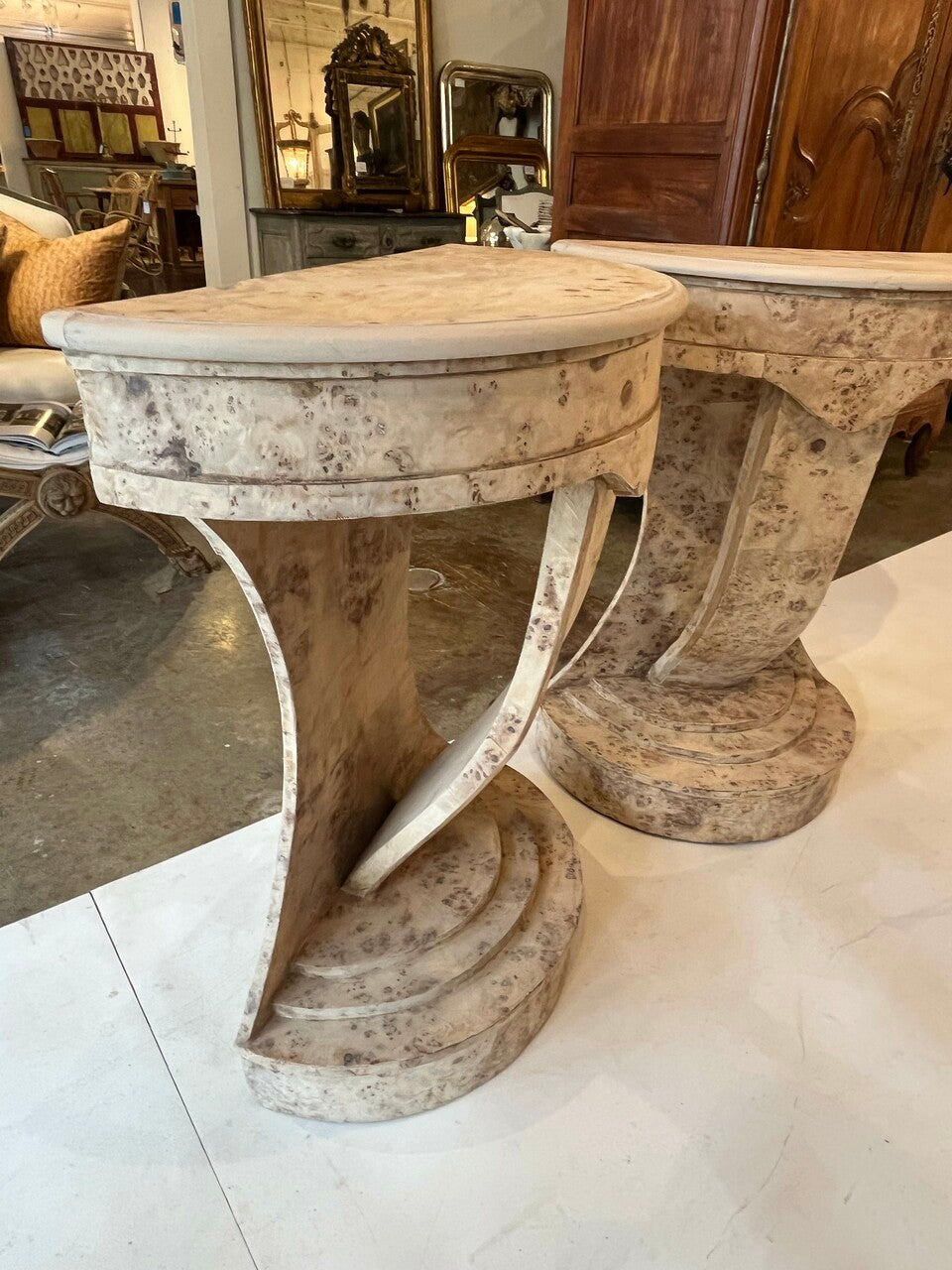 Pair Bleached Burl Demilunes Art Deco Style