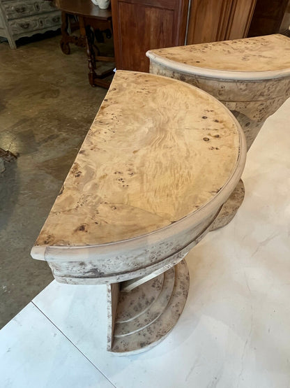 Pair Bleached Burl Demilunes Art Deco Style