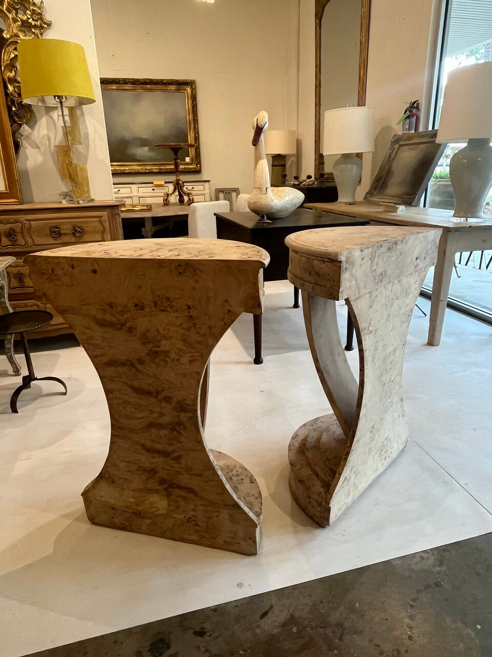 Pair Bleached Burl Demilunes Art Deco Style