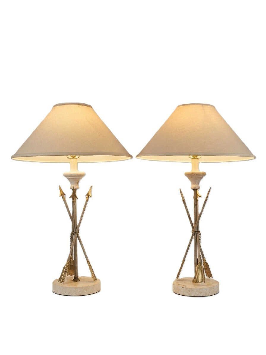 Pair French Brass and Travertine Arrow and Tassel Lamps