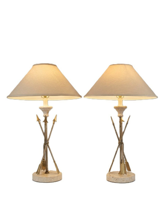 Pair French Brass and Travertine Arrow and Tassel Lamps