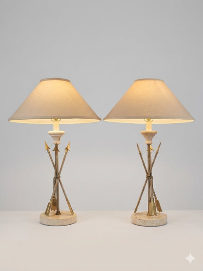 Pair French Brass and Travertine Arrow and Tassel Lamps