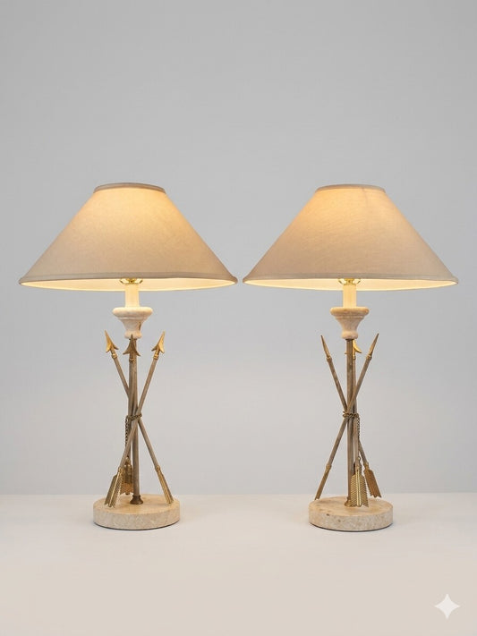 Pair French Brass and Travertine Arrow and Tassel Lamps