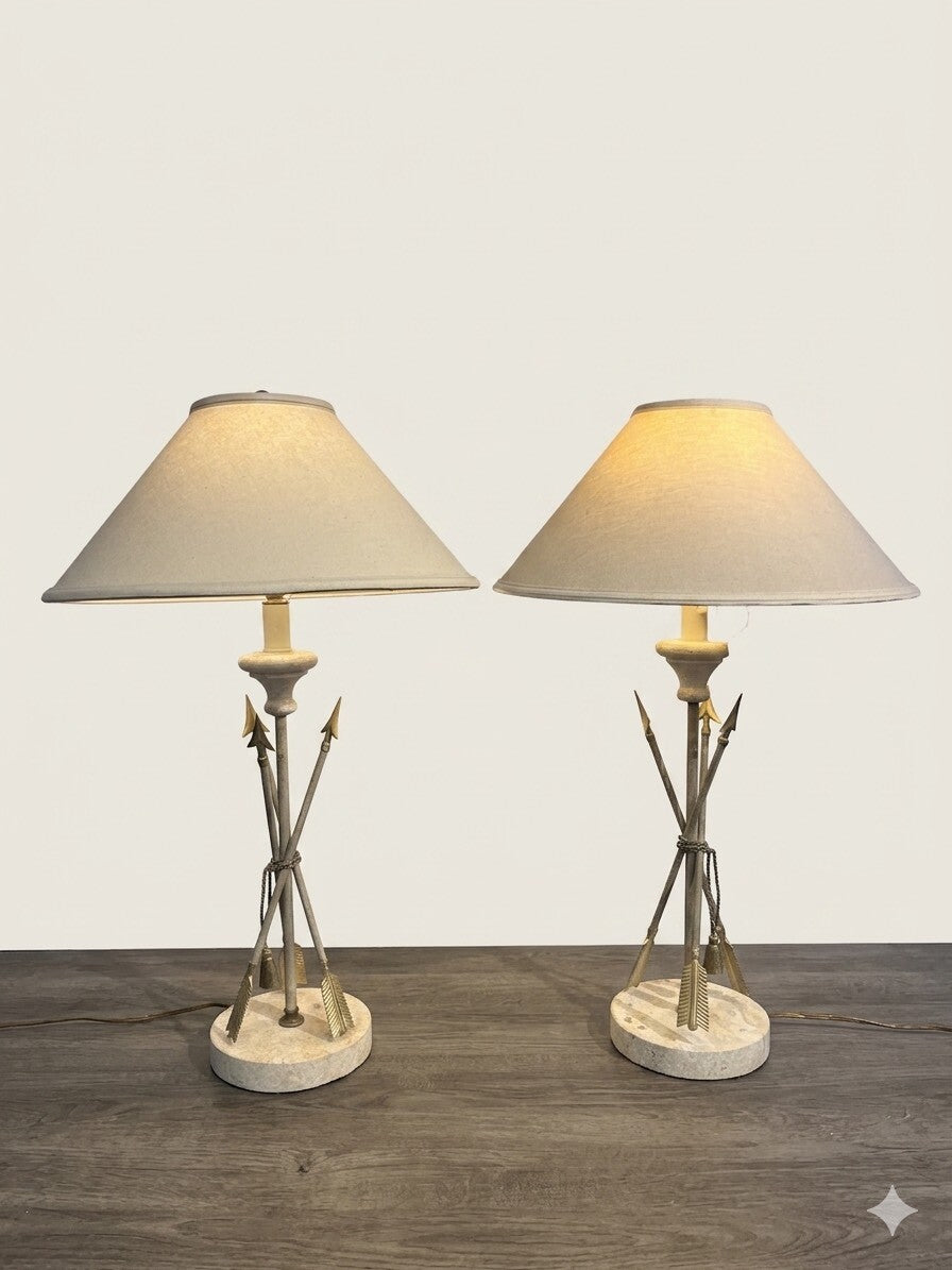 Pair French Brass and Travertine Arrow and Tassel Lamps