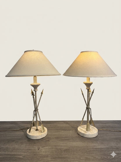 Pair French Brass and Travertine Arrow and Tassel Lamps