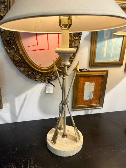 Pair French Brass and Travertine Arrow and Tassel Lamps