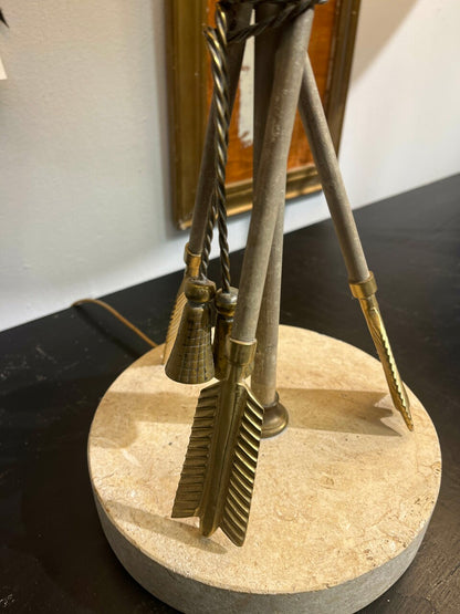Pair French Brass and Travertine Arrow and Tassel Lamps