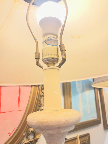 Pair French Brass and Travertine Arrow and Tassel Lamps