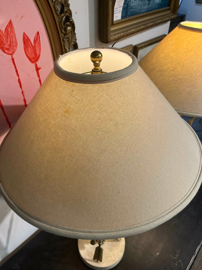 Pair French Brass and Travertine Arrow and Tassel Lamps