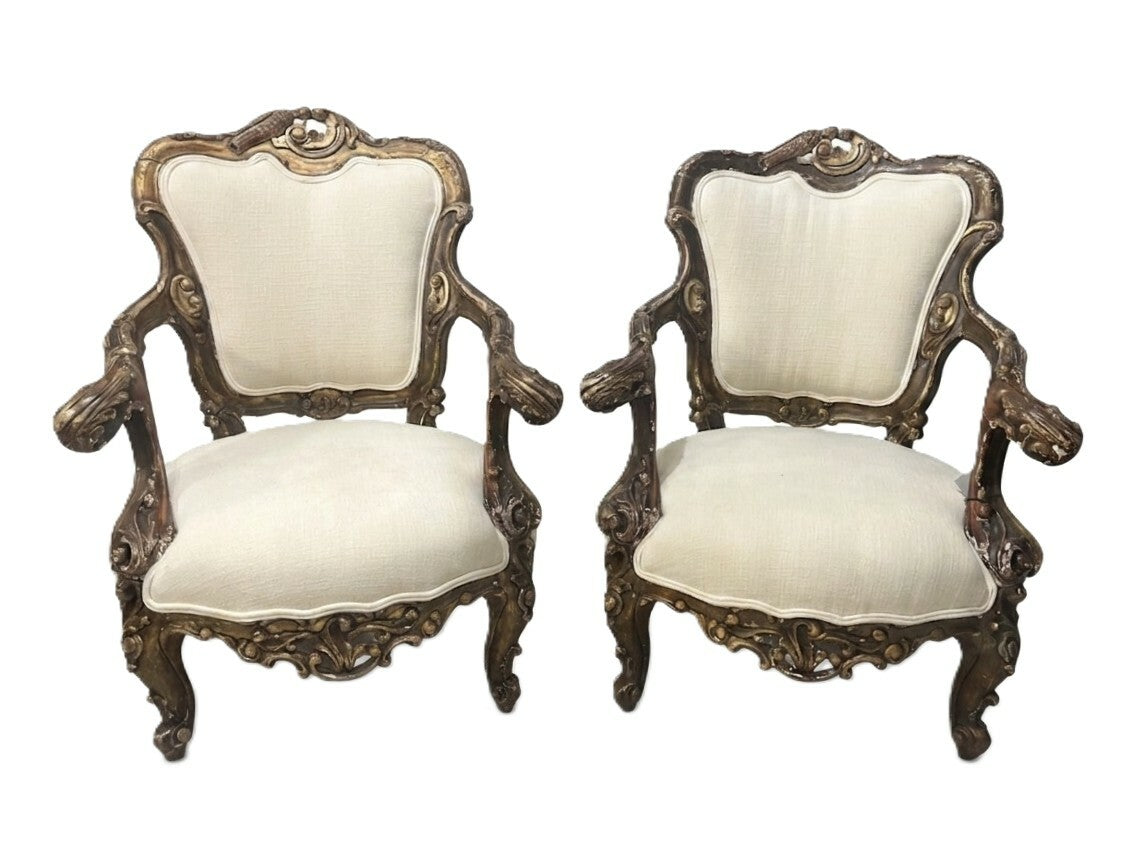 Pair Late 19th Century Louis XV Giltwood Armchairs