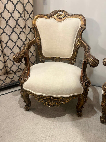 Pair Late 19th Century Louis XV Giltwood Armchairs