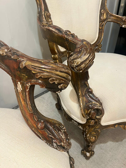 Pair Late 19th Century Louis XV Giltwood Armchairs