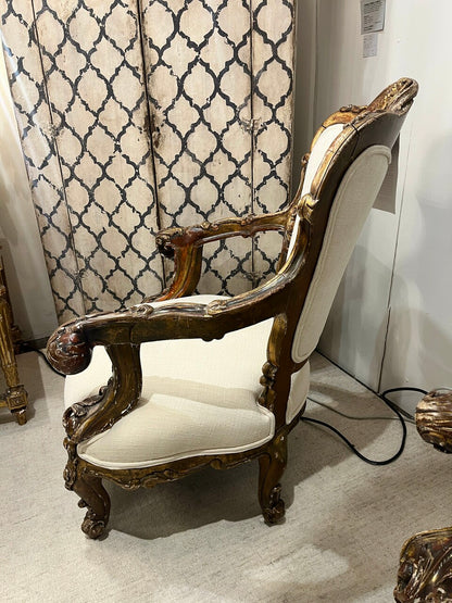 Pair Late 19th Century Louis XV Giltwood Armchairs