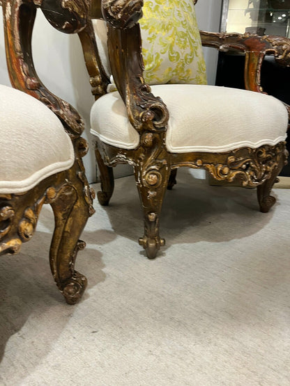 Pair Late 19th Century Louis XV Giltwood Armchairs