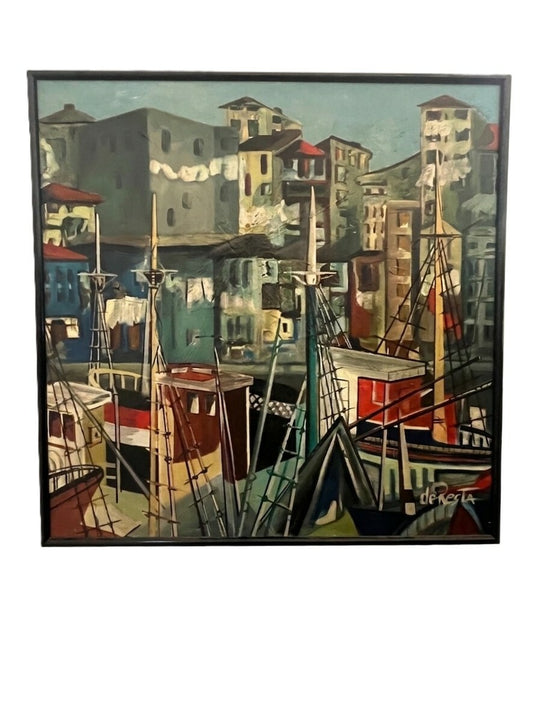 Mid Century Acrylic on Canvas Modernist Harbor Scene