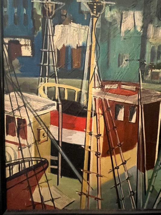 Mid Century Acrylic on Canvas Modernist Harbor Scene