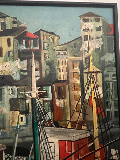 Mid Century Acrylic on Canvas Modernist Harbor Scene