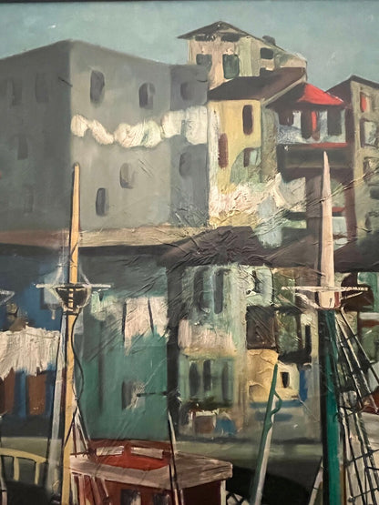 Mid Century Acrylic on Canvas Modernist Harbor Scene