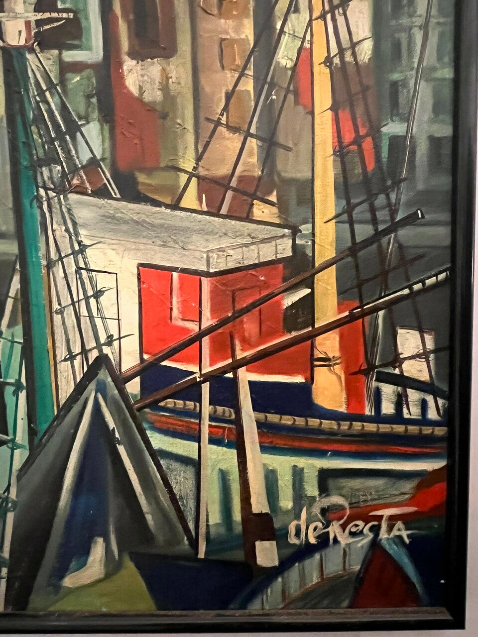 Mid Century Acrylic on Canvas Modernist Harbor Scene