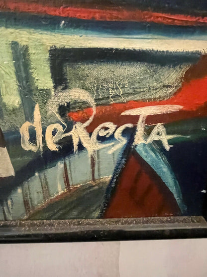 Mid Century Acrylic on Canvas Modernist Harbor Scene