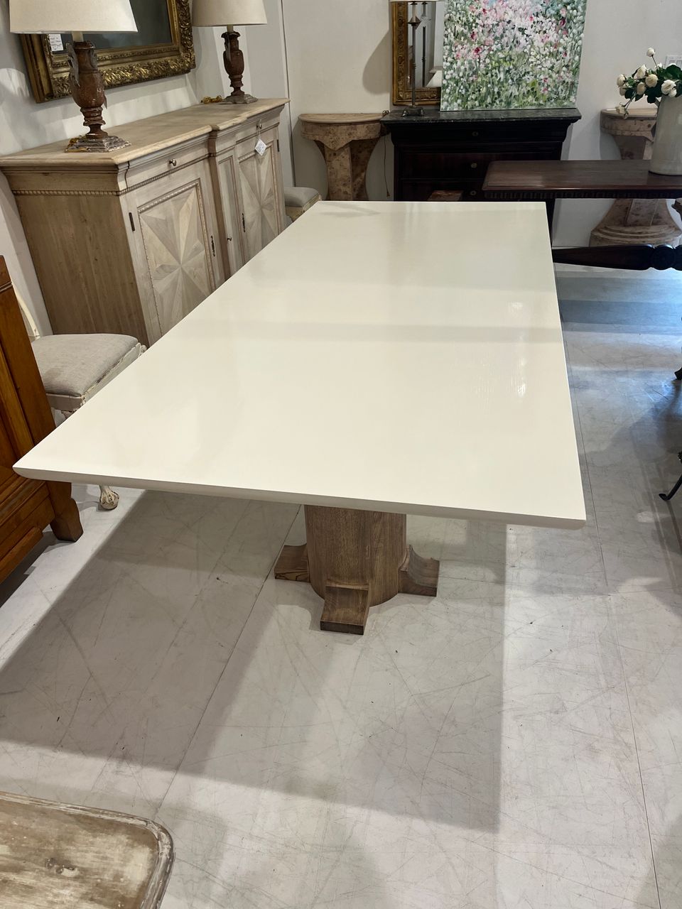 Custom Double Pedestal Dining Table with White Lacquered Top