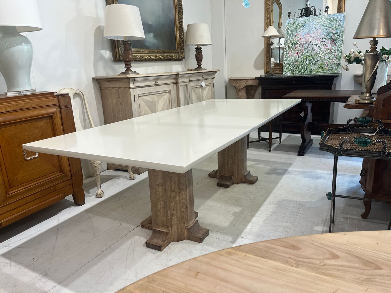 Custom Double Pedestal Dining Table with White Lacquered Top