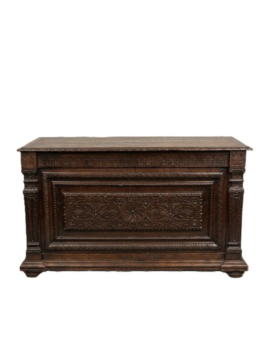 Antique French Carved Oak Trunk