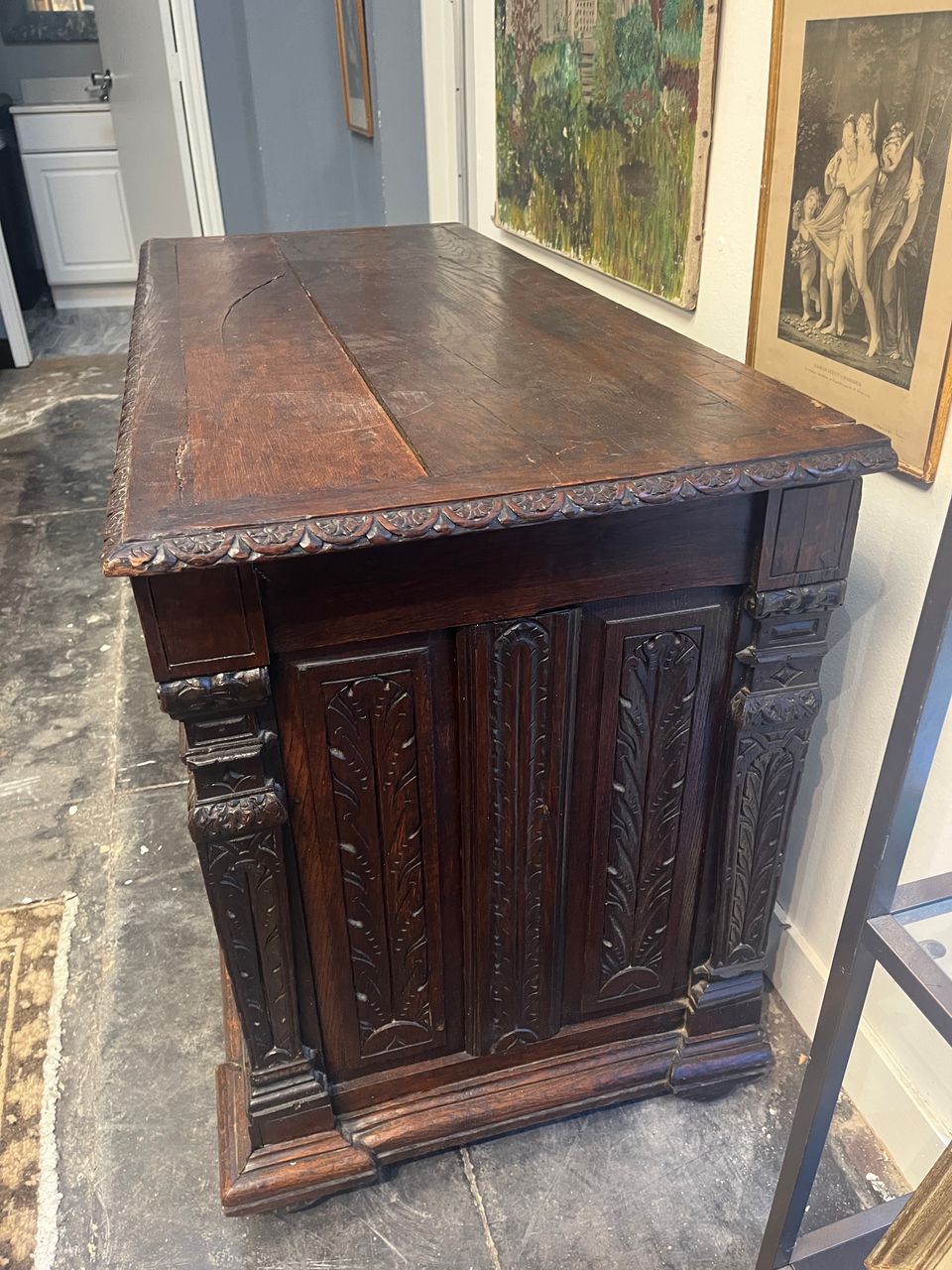 Antique French Carved Oak Trunk