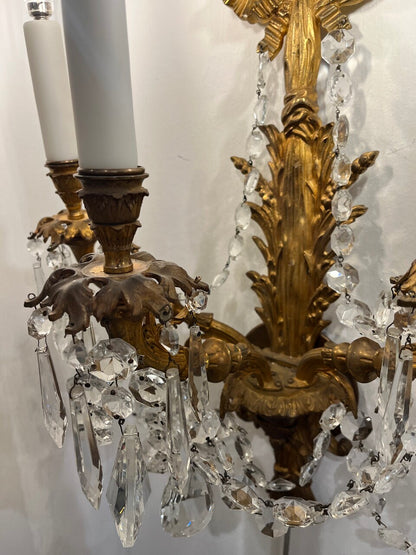 Pair of 19th Century Bronze Crystal Sconces