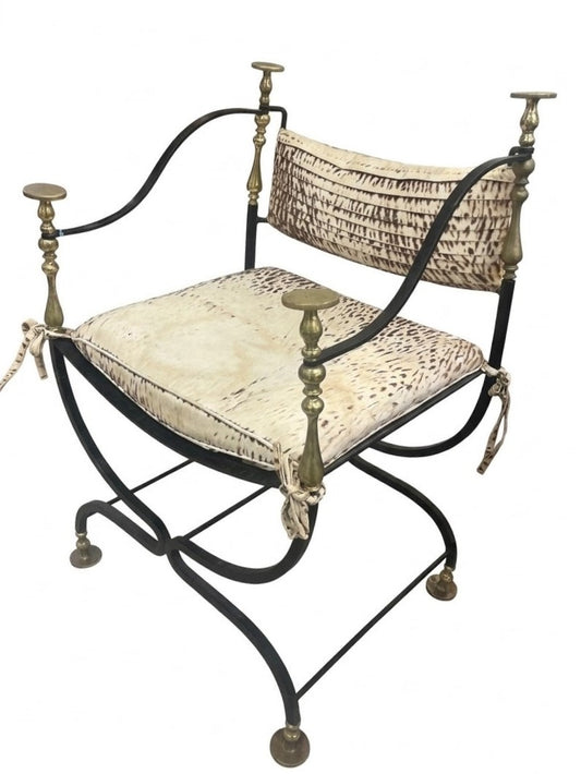 Italian Savonarola Wrought Iron and Brass Chair