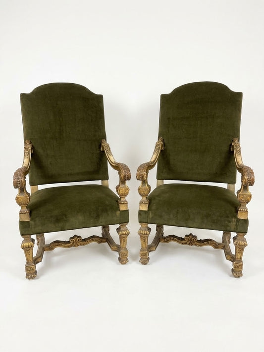Pair 19th Century French Gilt Carved Walnut Stately Armchairs