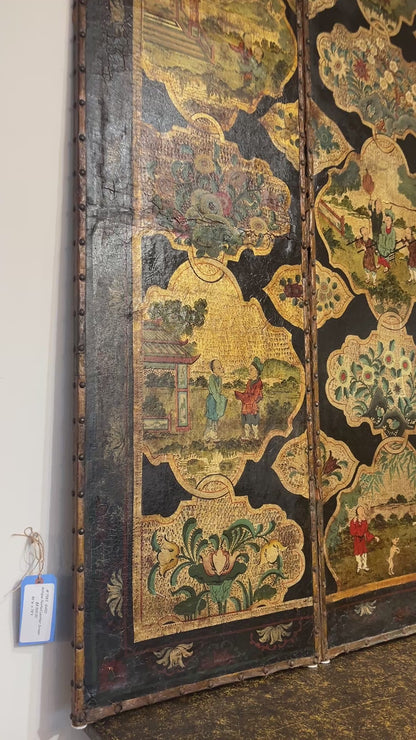 Antique 4 Panel Leather Chinoiserie Folding Screen
